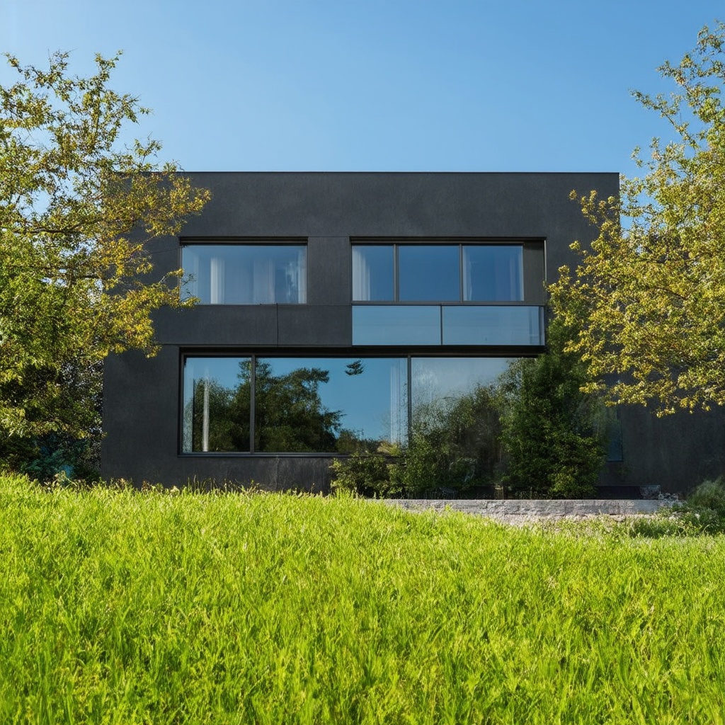A modern home featuring newly replaced energy-efficient windows, showcasing sleek design and clear glass that reflects natural light