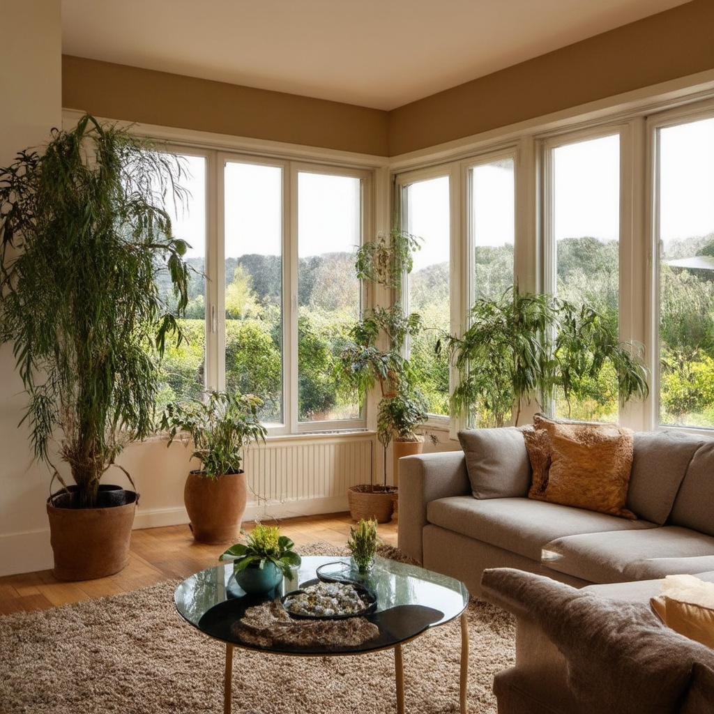 A cozy interior living space featuring large, energy-efficient windows that provide ample natural light