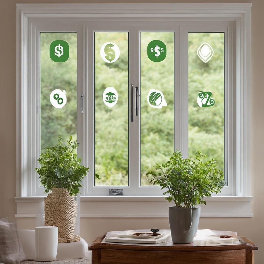 A close-up view of energy-efficient windows with a digital overlay showing potential energy savings and ROI calculations
