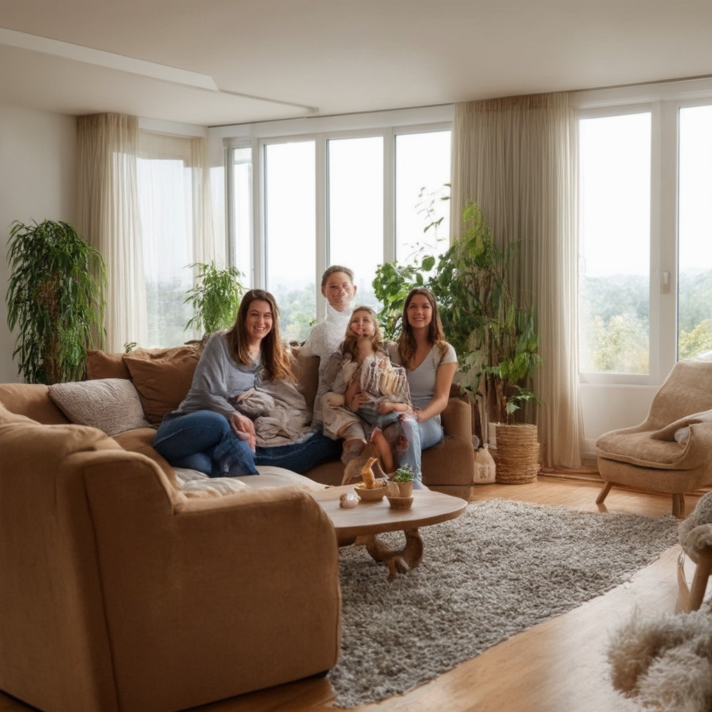A happy family enjoying their living room with newly installed energy-efficient windows, showcasing natural light and comfort