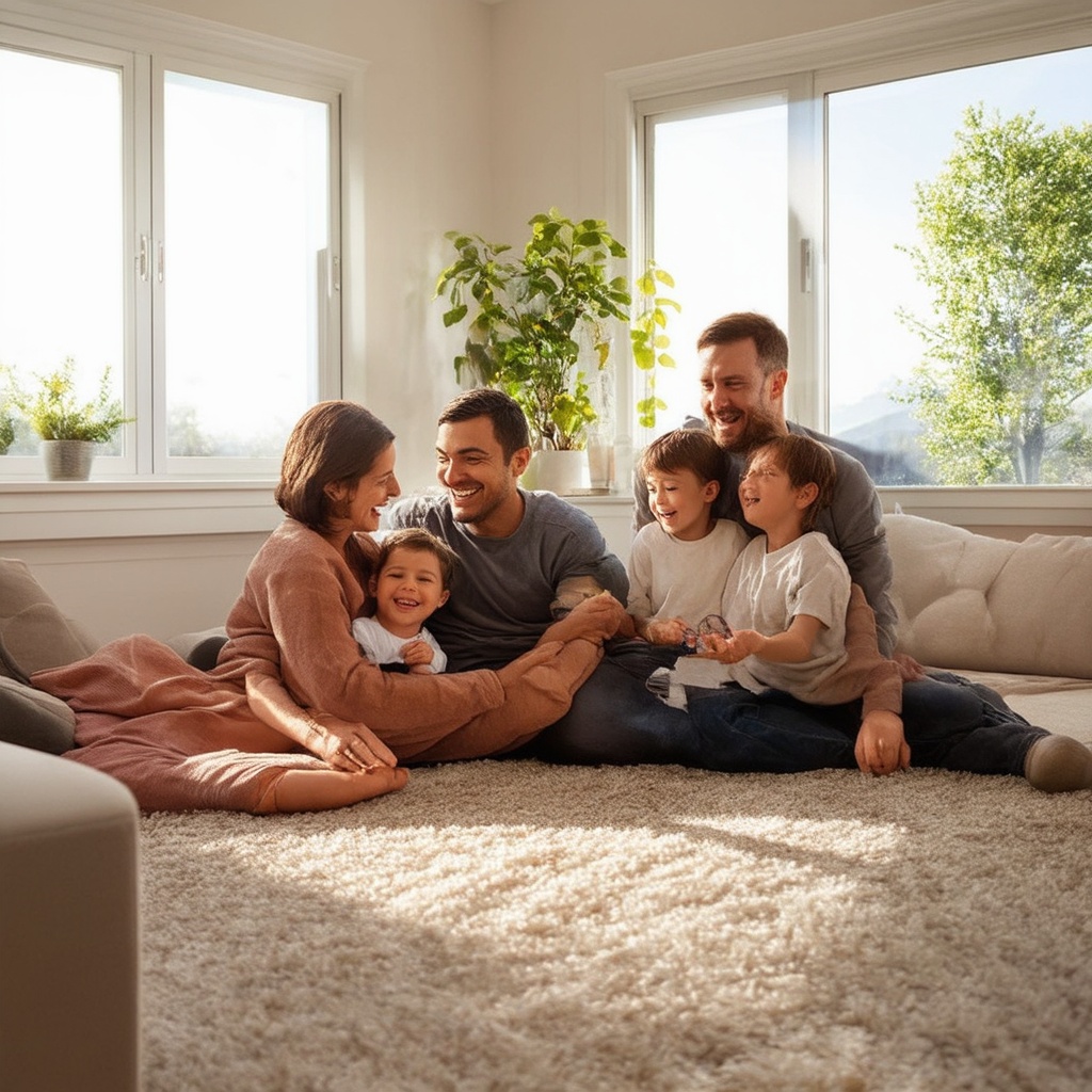 A happy family enjoying their living room filled with natural light, demonstrating the positive impact of window replacement on daily life