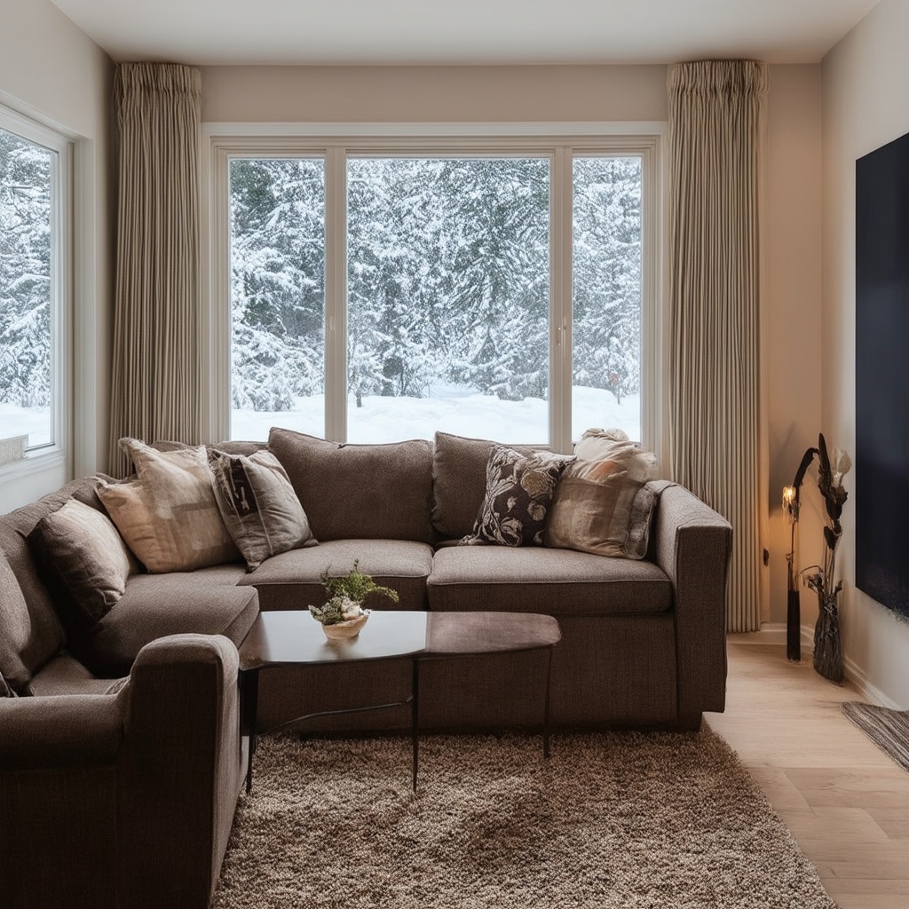 A visual representation of a cozy living room in a home with energy-efficient windows, illustrating warmth and comfort during winter months