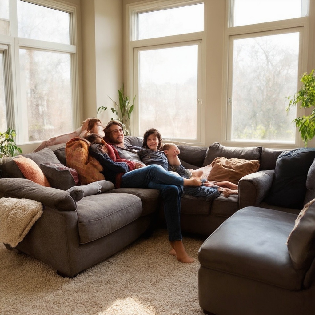 A serene home interior with impact-resistant windows, showcasing a family enjoying peace of mind in a safe and comfortable environment