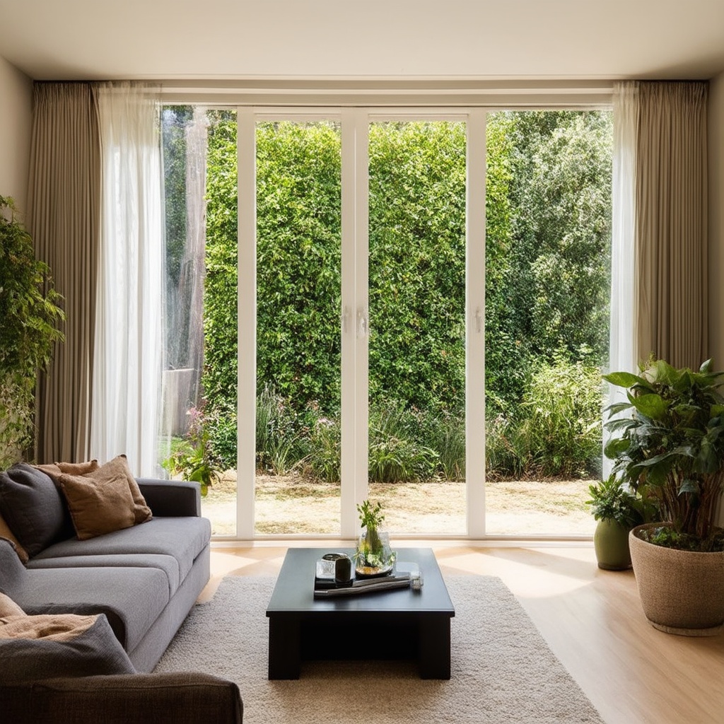 A serene living room with modern windows, showcasing a cozy interior filled with natural light and a view of a quiet garden