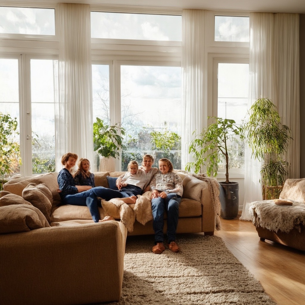 A family enjoying their cozy living room with natural light streaming in through large energy-efficient windows