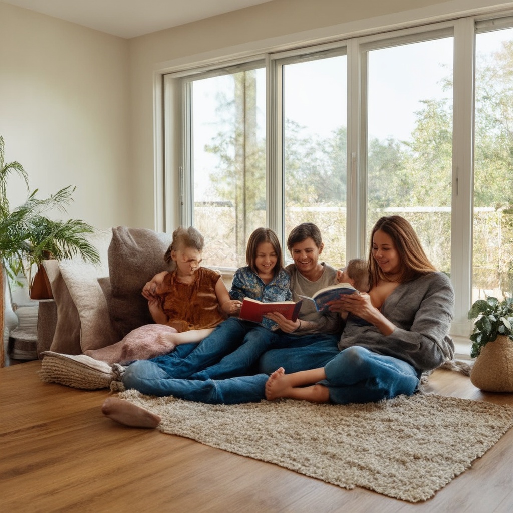 A suburban family enjoying their home’s comfort after window replacement, with natural light flooding the living room and energy-efficient windows in view