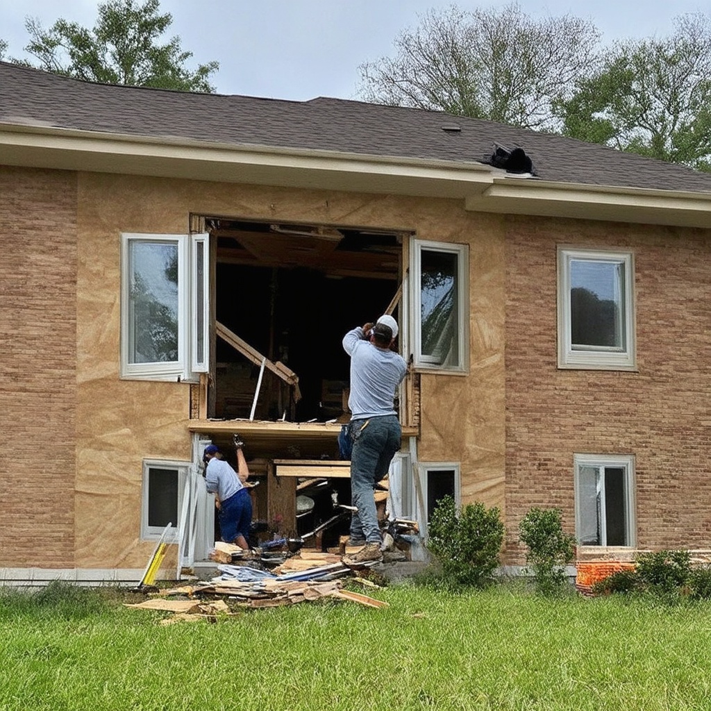 A home under renovation, with old windows being replaced by modern energy-efficient ones by professional contractors