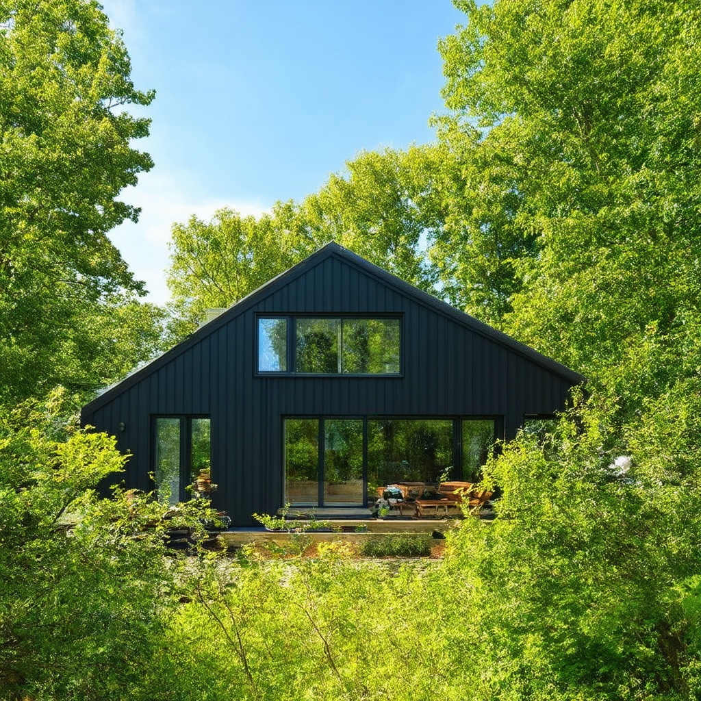 An environmentally friendly home with sustainable windows, surrounded by trees, representing a commitment to sustainability and eco-friendly living