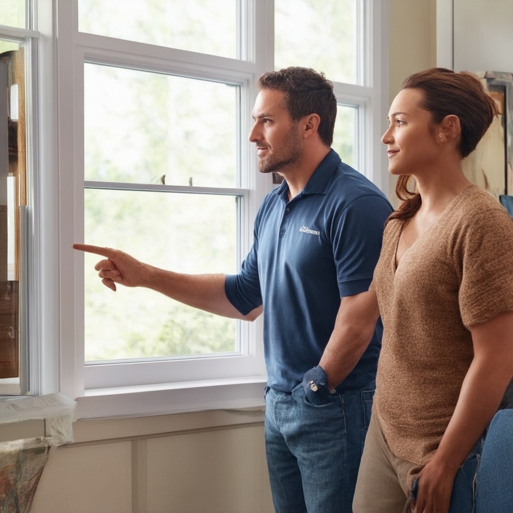 A homeowner consulting with a professional about window replacement options, showcasing collaboration and decision-making