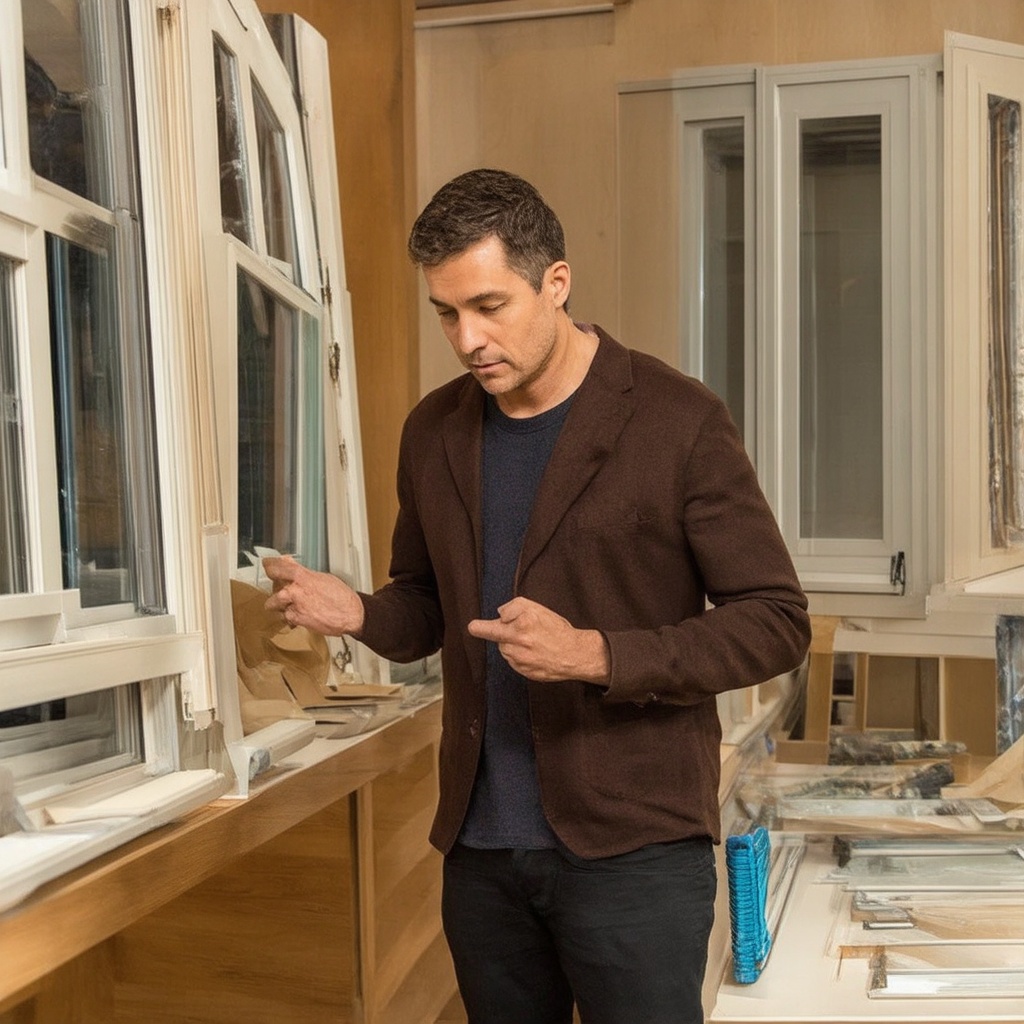 An engaged homeowner reviewing window options at a local home improvement store, surrounded by various window samples